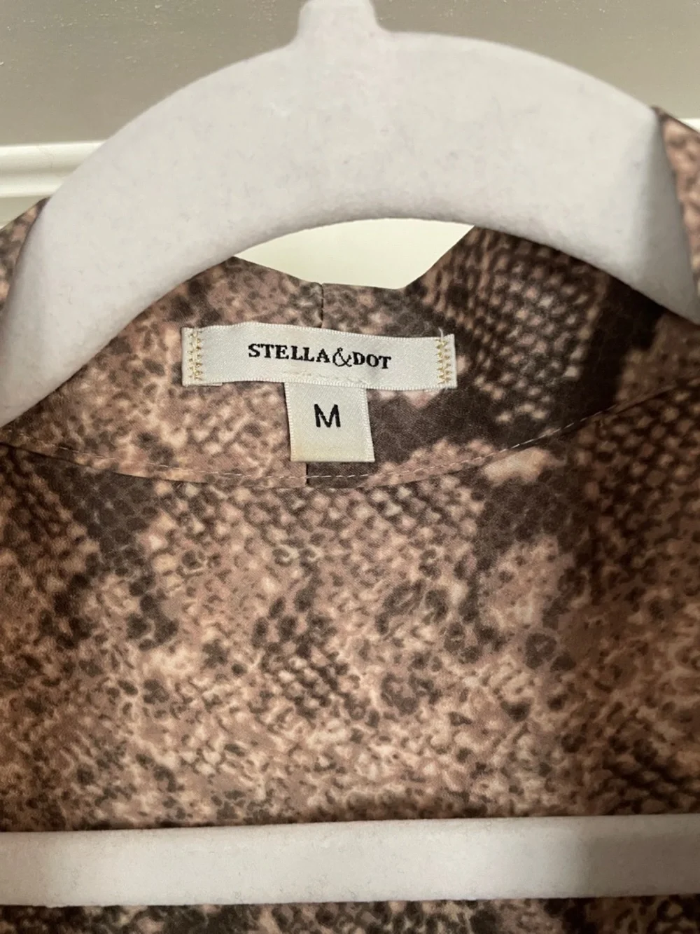 Stella & Dot Taupe and Brown Snake-Print Tie-Neck Blouse - Picture 15 of 16